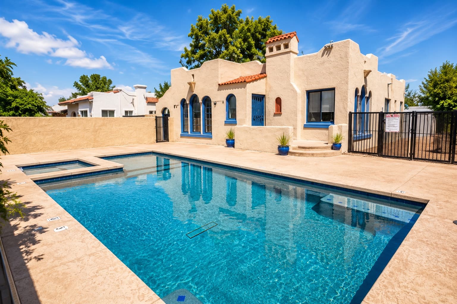 A Spanish-revival adobe home with a private pool