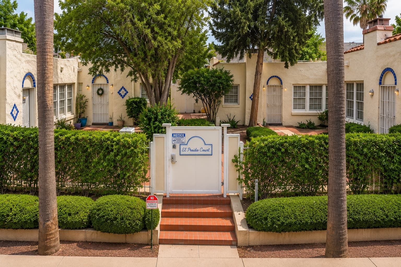 The gated brick entry to a courtyard of cream casitas with cobalt tilework at 210 E 2nd St