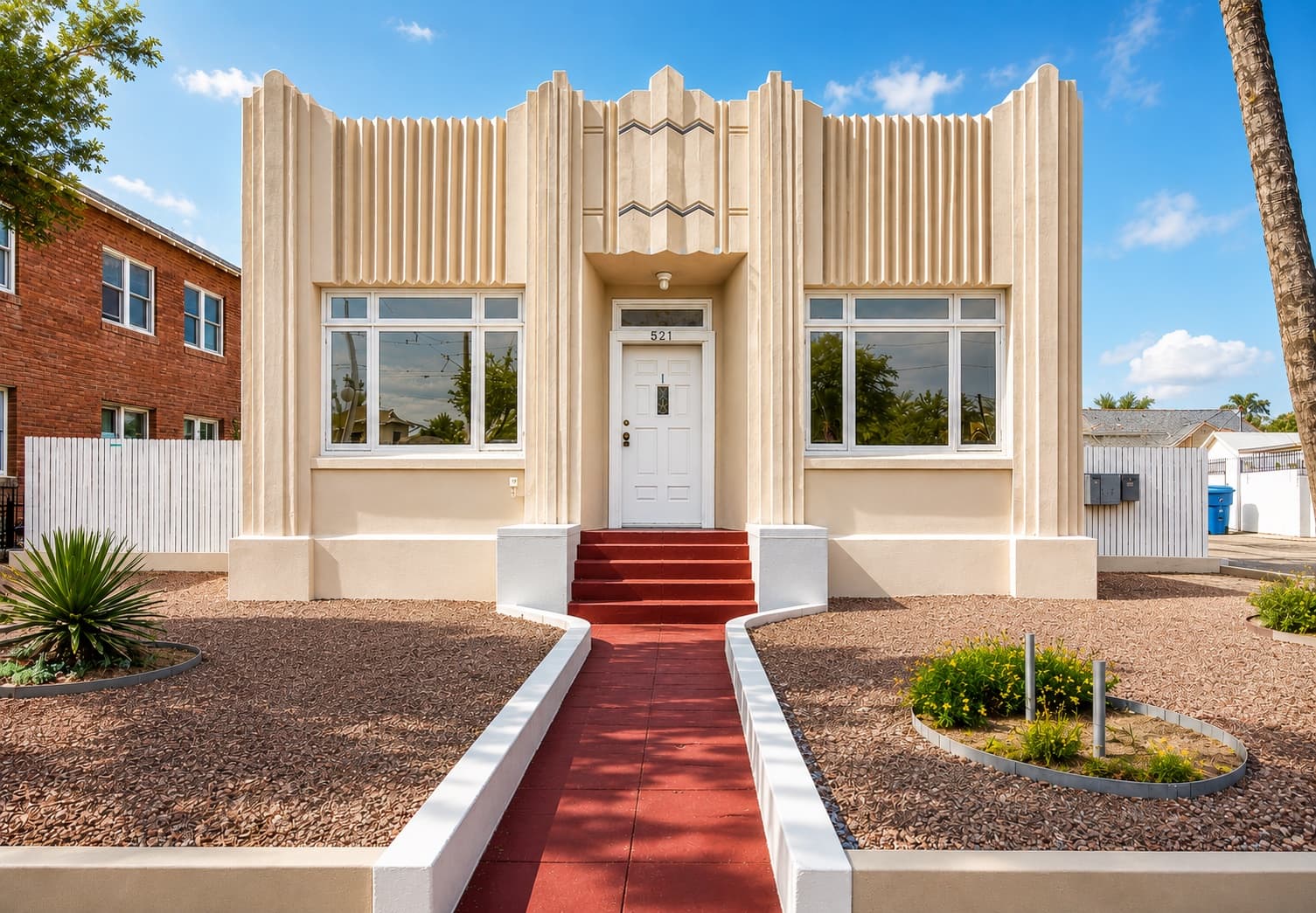 The fluted Art Deco facade of 521 E University Blvd, with a red-tiled walk to the front door