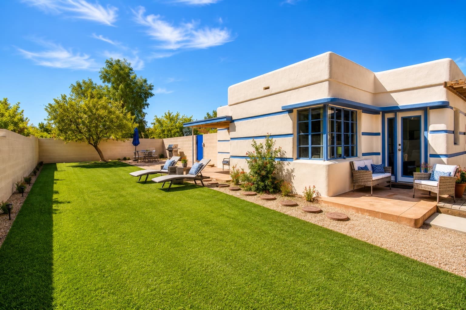 A turf yard and shaded patio behind the Streamline Moderne home at 1833 E Water St